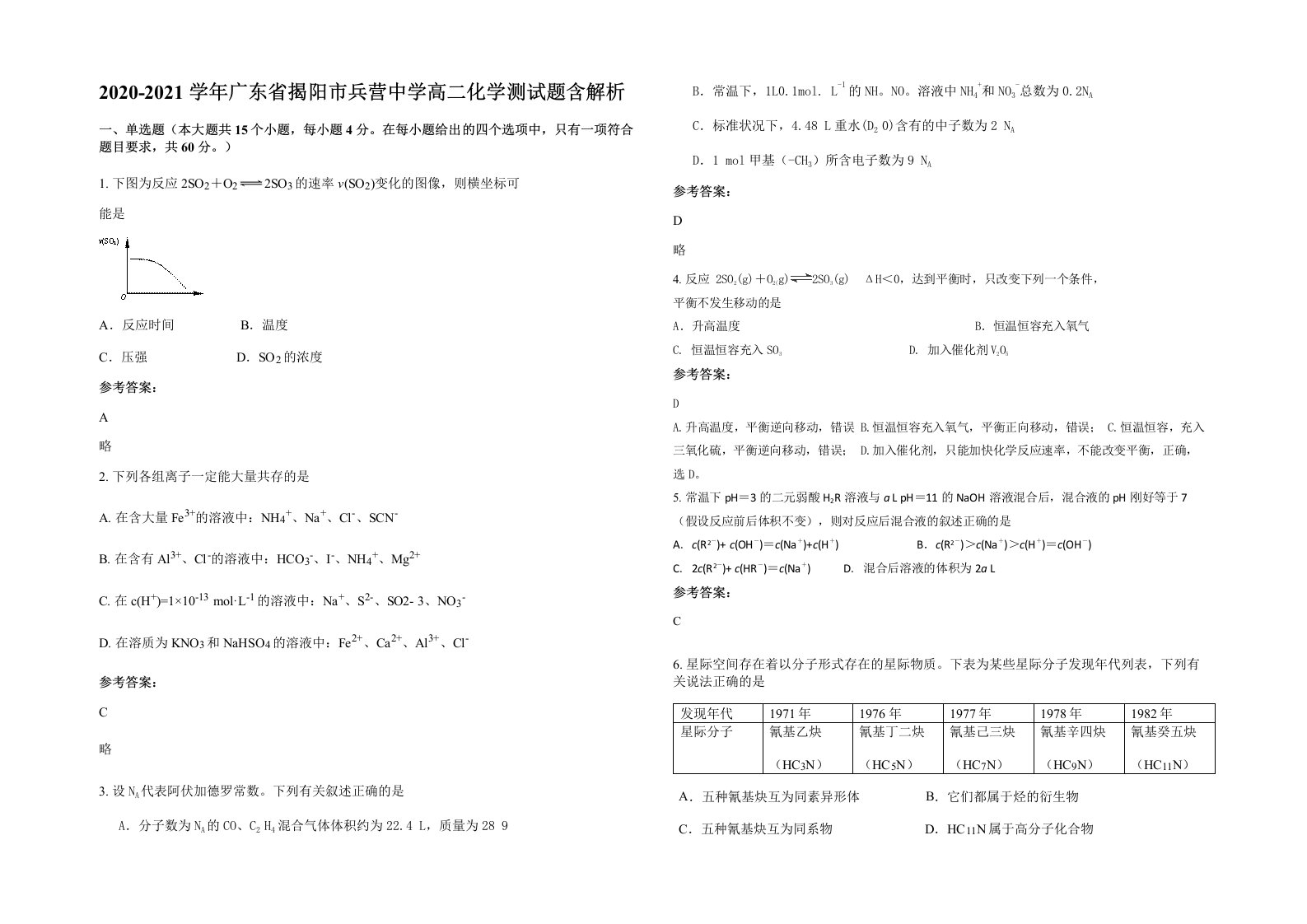 2020-2021学年广东省揭阳市兵营中学高二化学测试题含解析