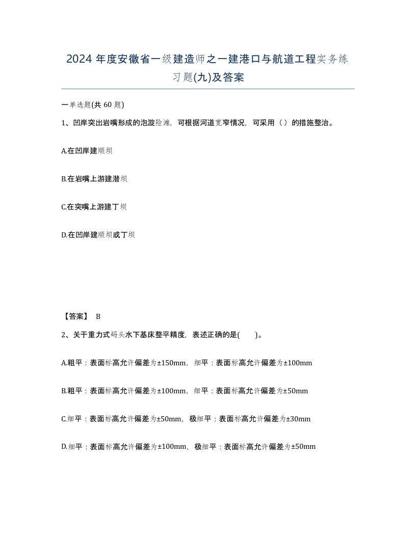 2024年度安徽省一级建造师之一建港口与航道工程实务练习题九及答案