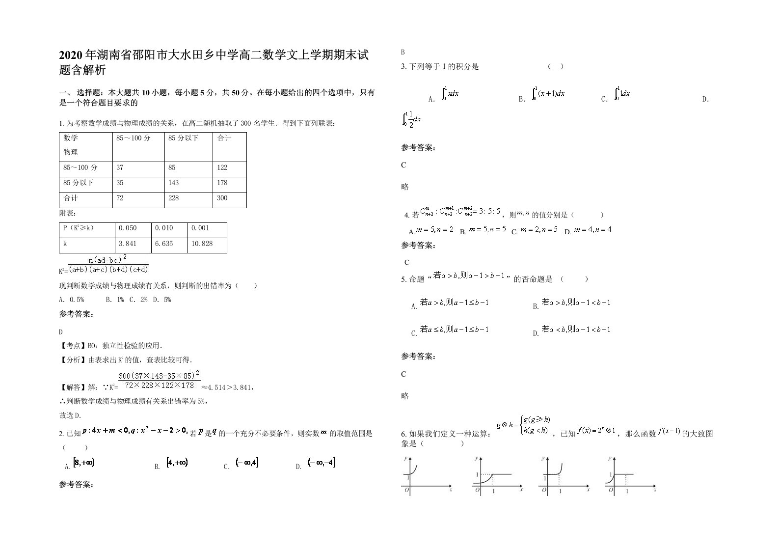 2020年湖南省邵阳市大水田乡中学高二数学文上学期期末试题含解析