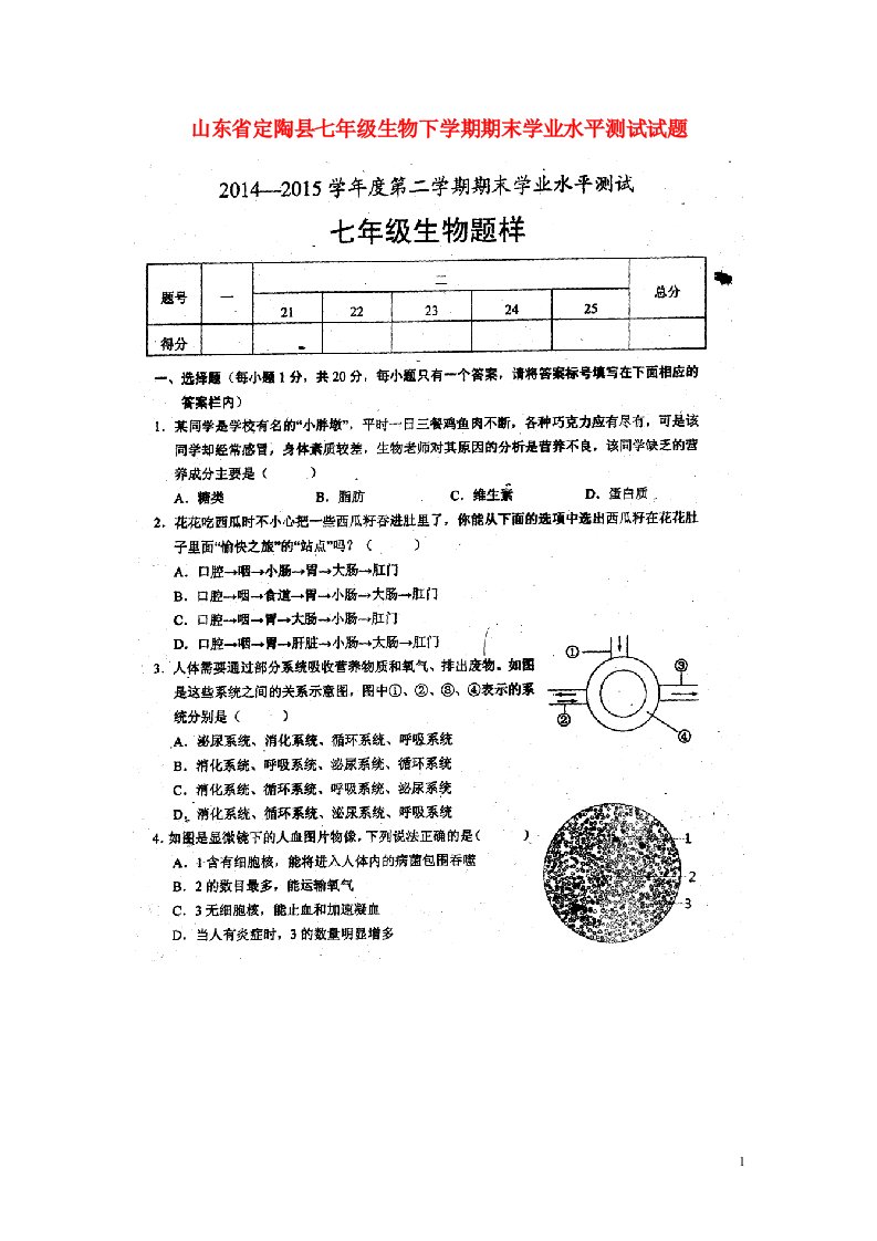 山东省定陶县七级生物下学期期末学业水平测试试题（扫描版）