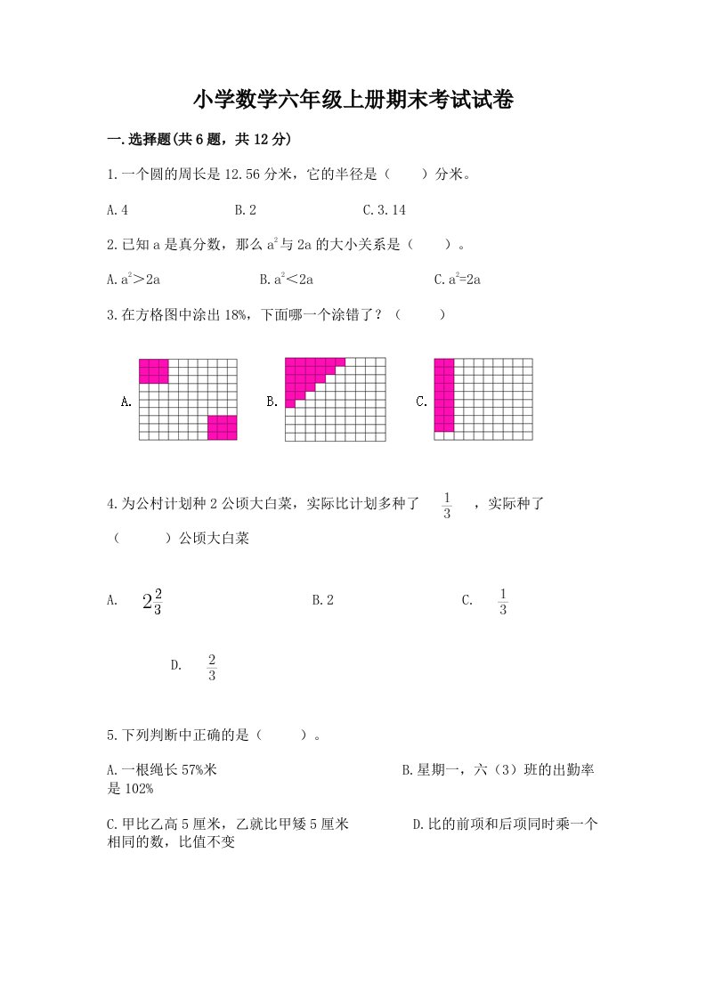 小学数学六年级上册期末考试试卷【有一套】