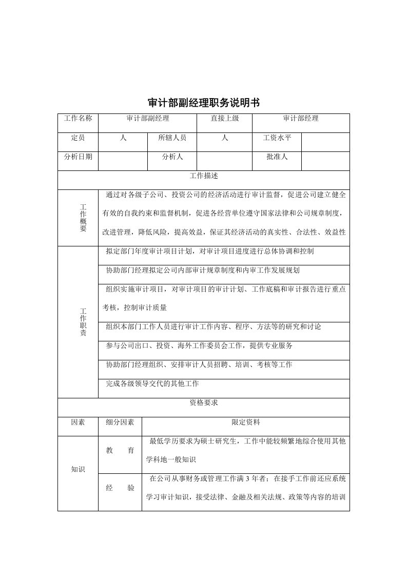 审计部副经理岗位说明书