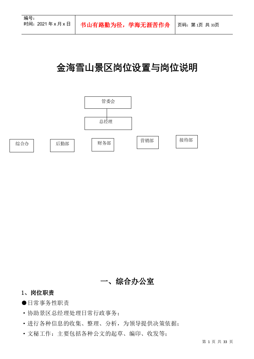 某景区岗位设置与岗位说明