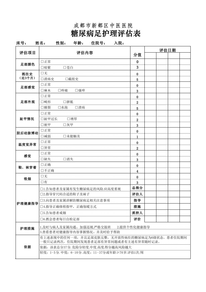 糖尿病护理记录单（精选）