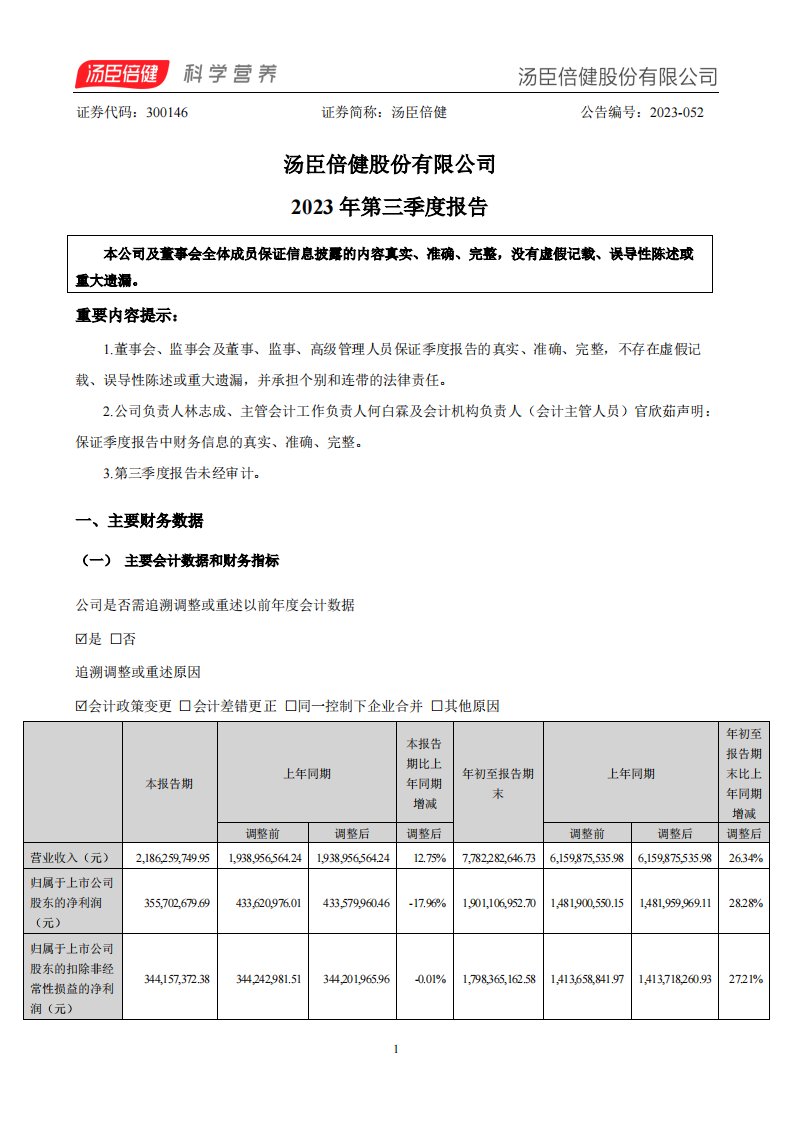 深交所-汤臣倍健：2023年三季度报告-20231025