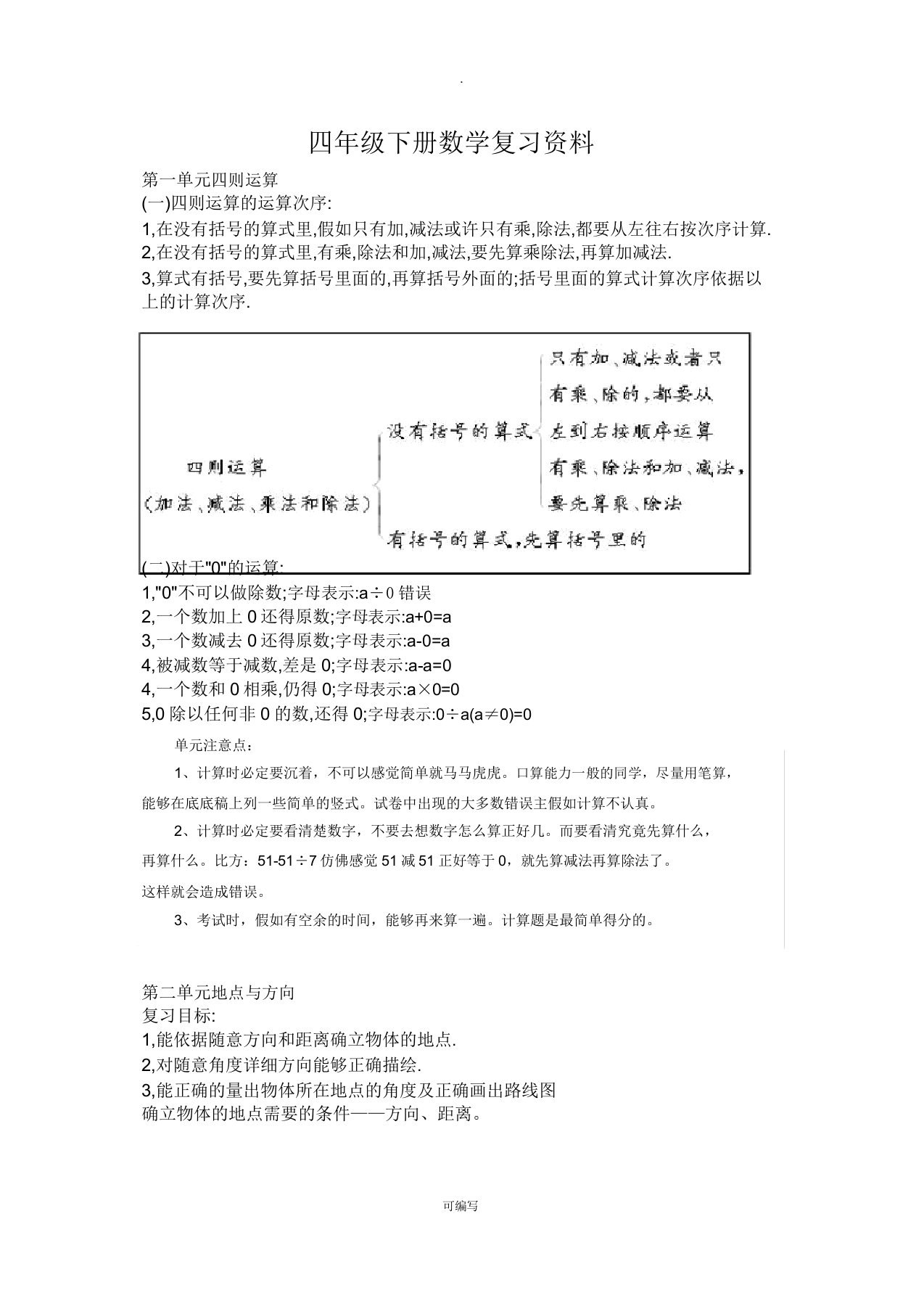 人教版本小学四年级下册的数学期末复习总结计划学习资料