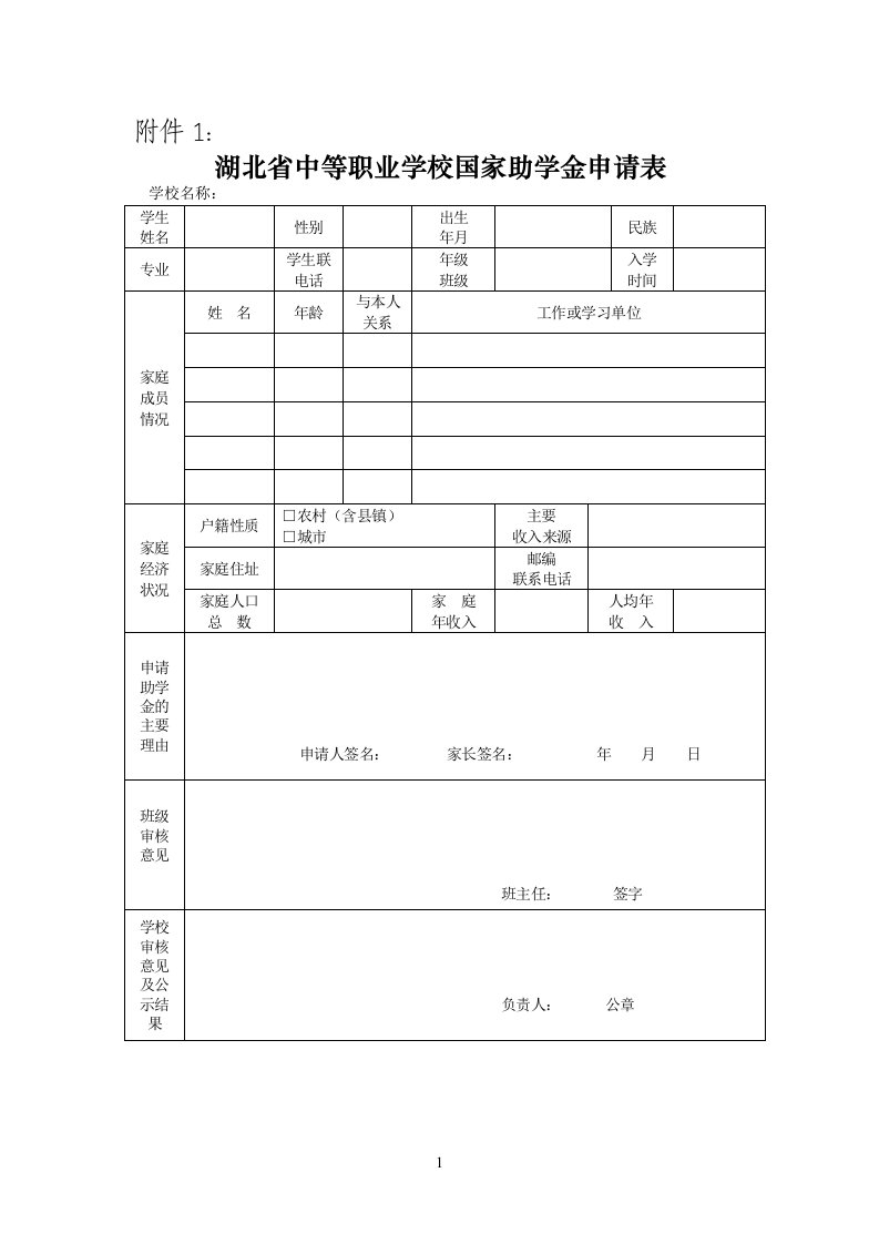 湖北省中等职业学校国家助学金申请表