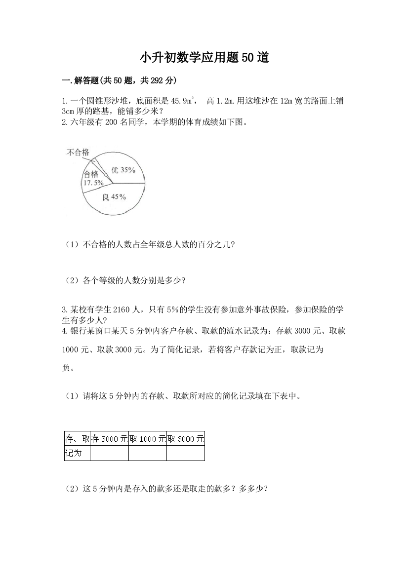 小升初数学应用题50道及参考答案(模拟题)