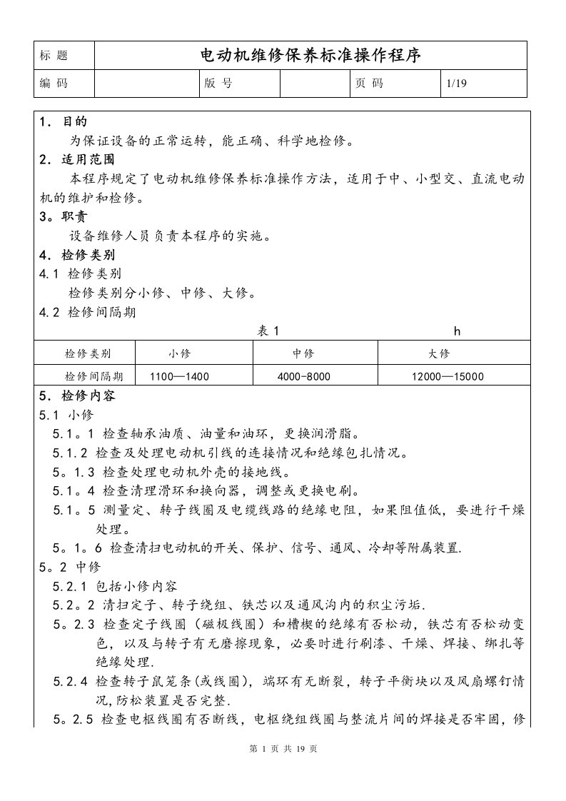 电动机维修保养标准操作程序汇总