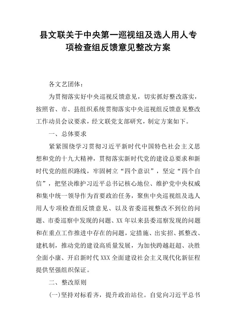 县文联关于中央第一巡视组及选人用人专项检查组反馈意见整改方案