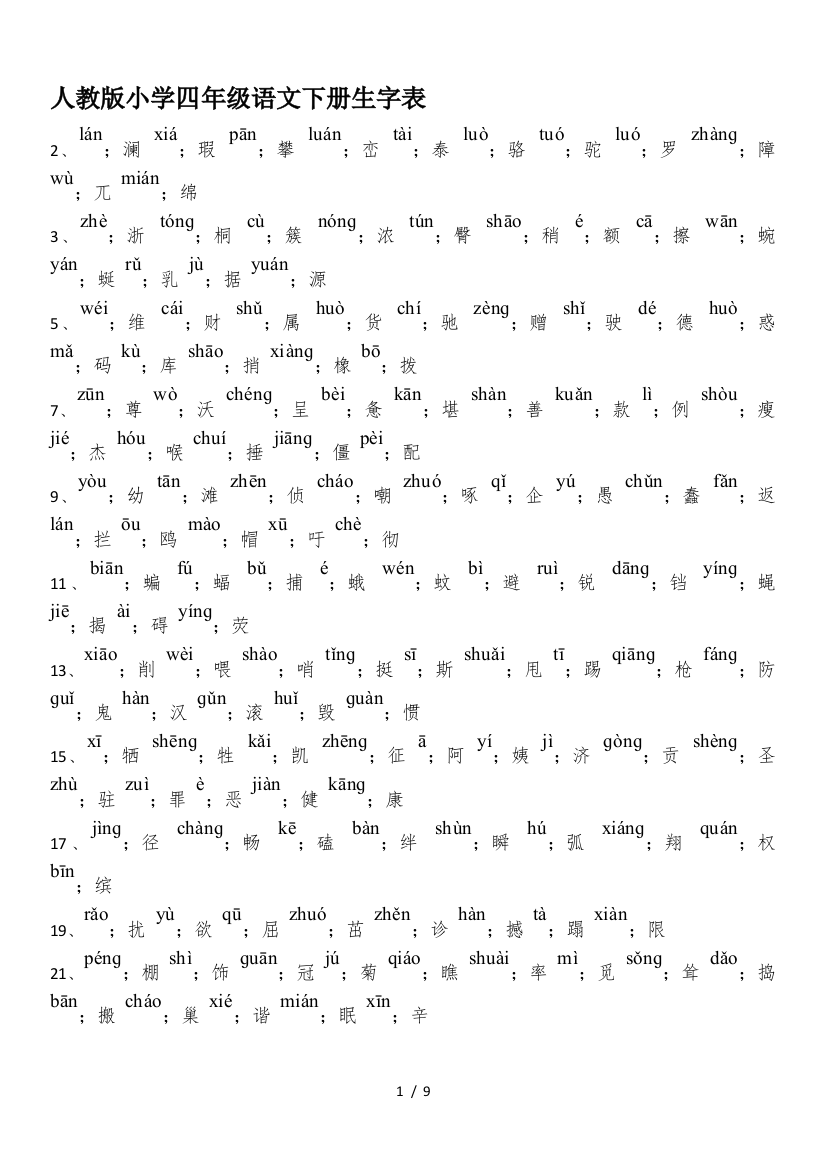 人教版小学四年级语文下册生字表