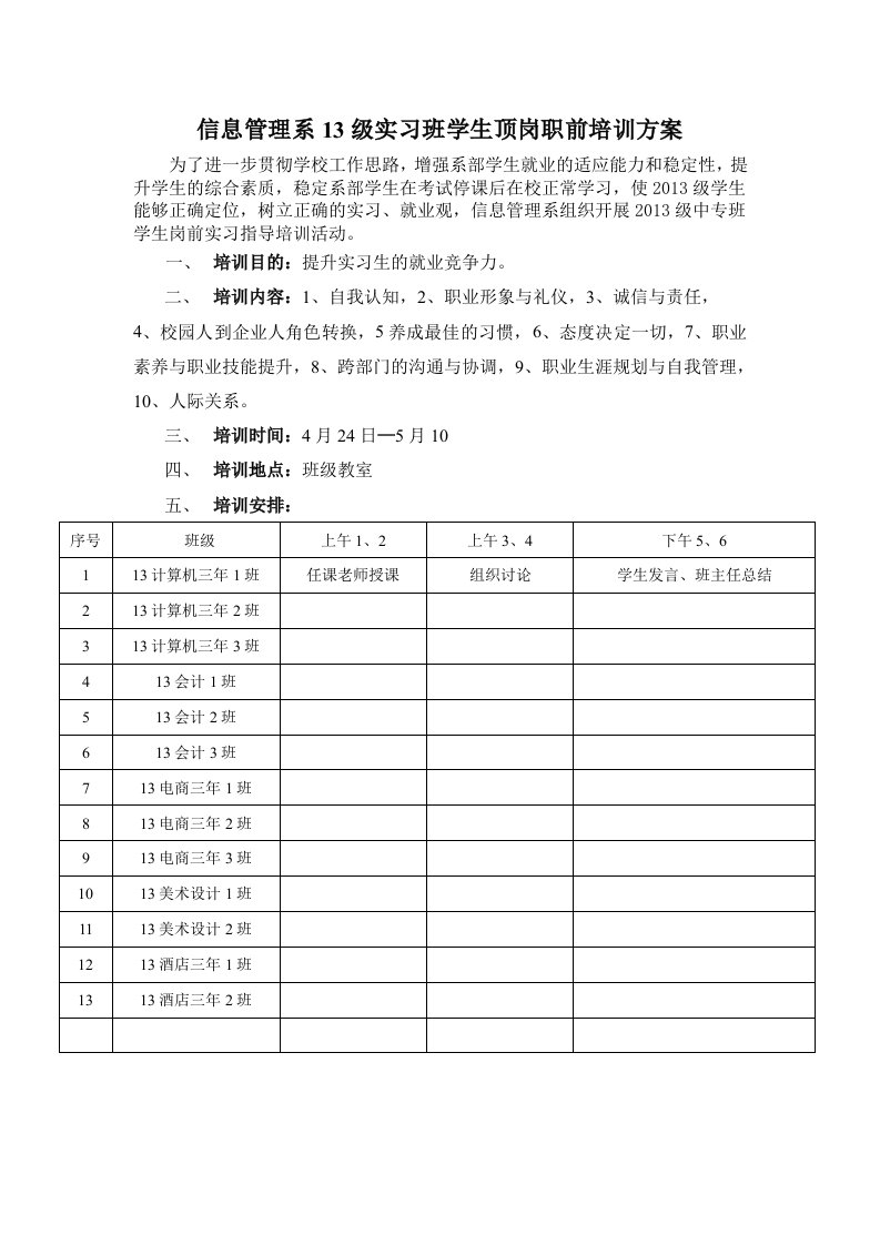 关于13级实习班学生顶岗职前培训方案