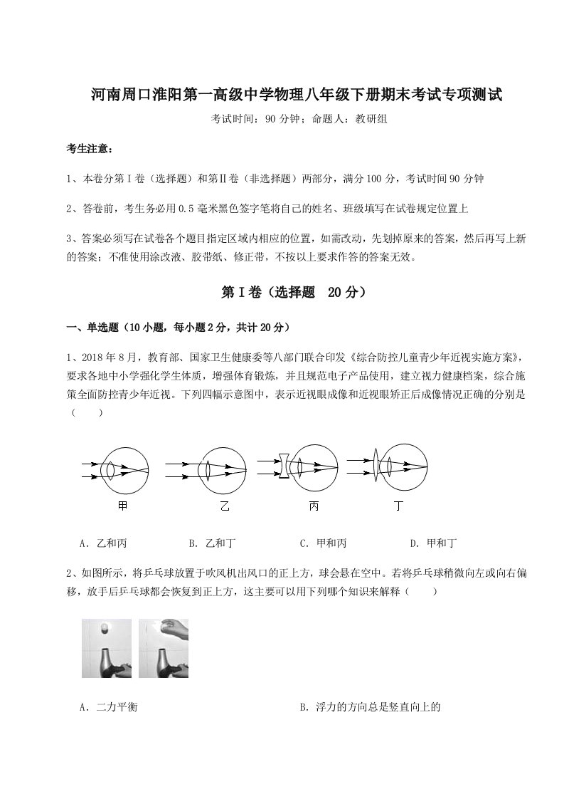 重难点解析河南周口淮阳第一高级中学物理八年级下册期末考试专项测试试题（含详细解析）