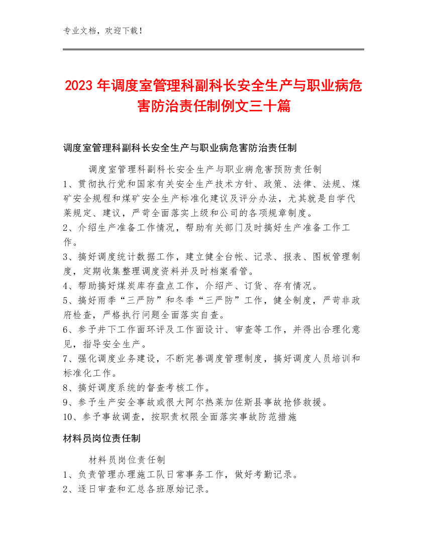 2023年调度室管理科副科长安全生产与职业病危害防治责任制例文三十篇