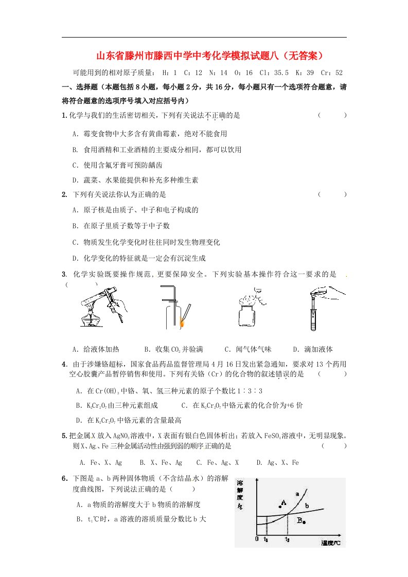 山东省滕州市滕西中学中考化学模拟试题八（无答案）