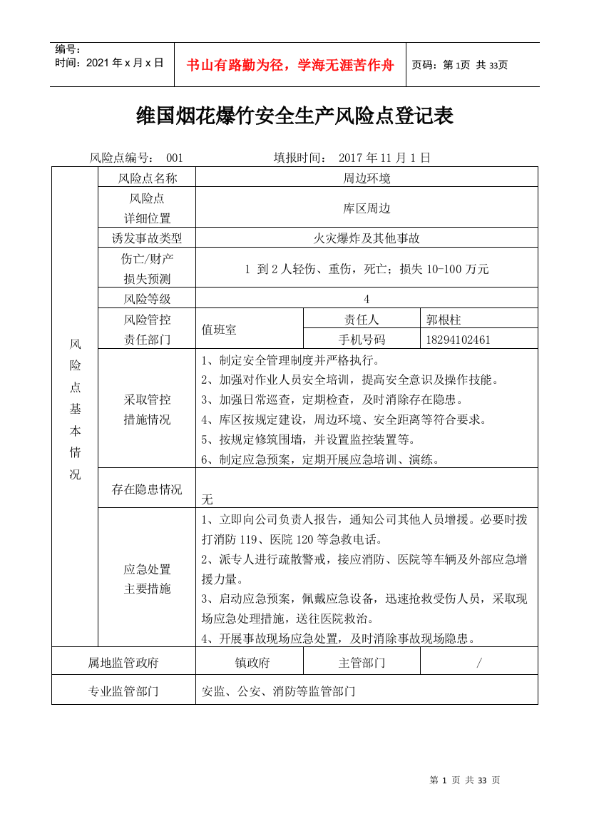 烟花爆竹仓库风险点登记表