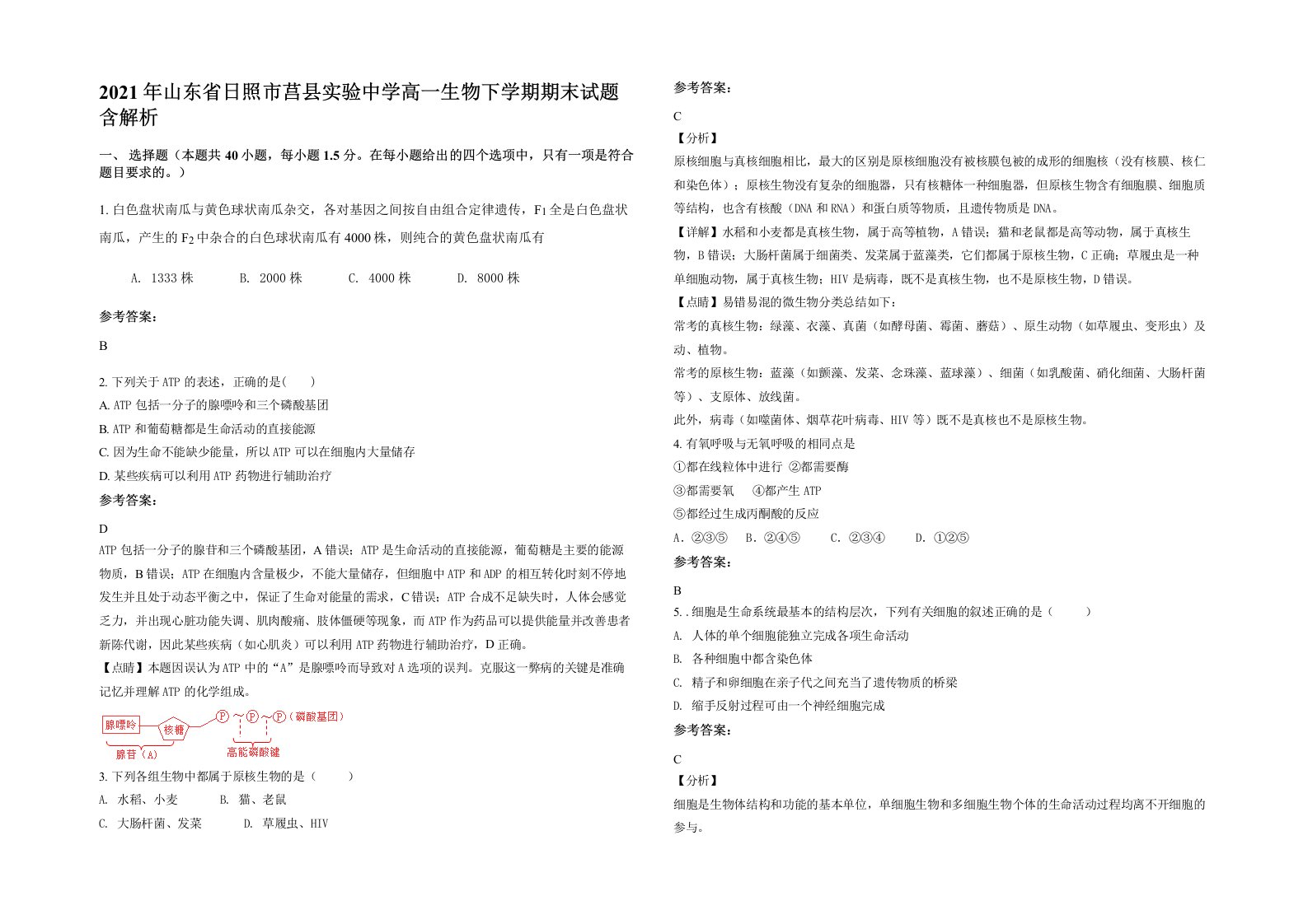 2021年山东省日照市莒县实验中学高一生物下学期期末试题含解析