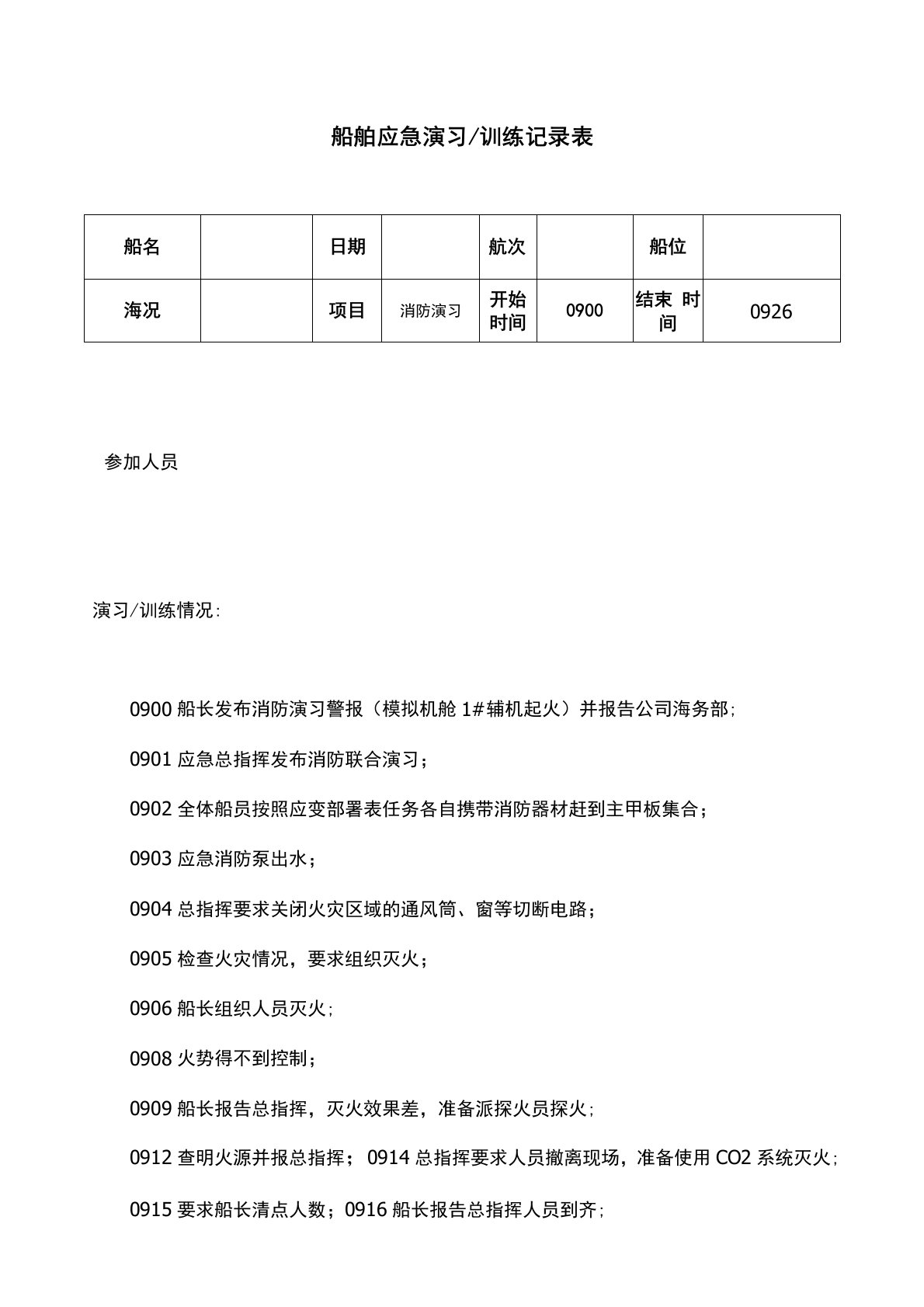 船舶应急演习训练记录表