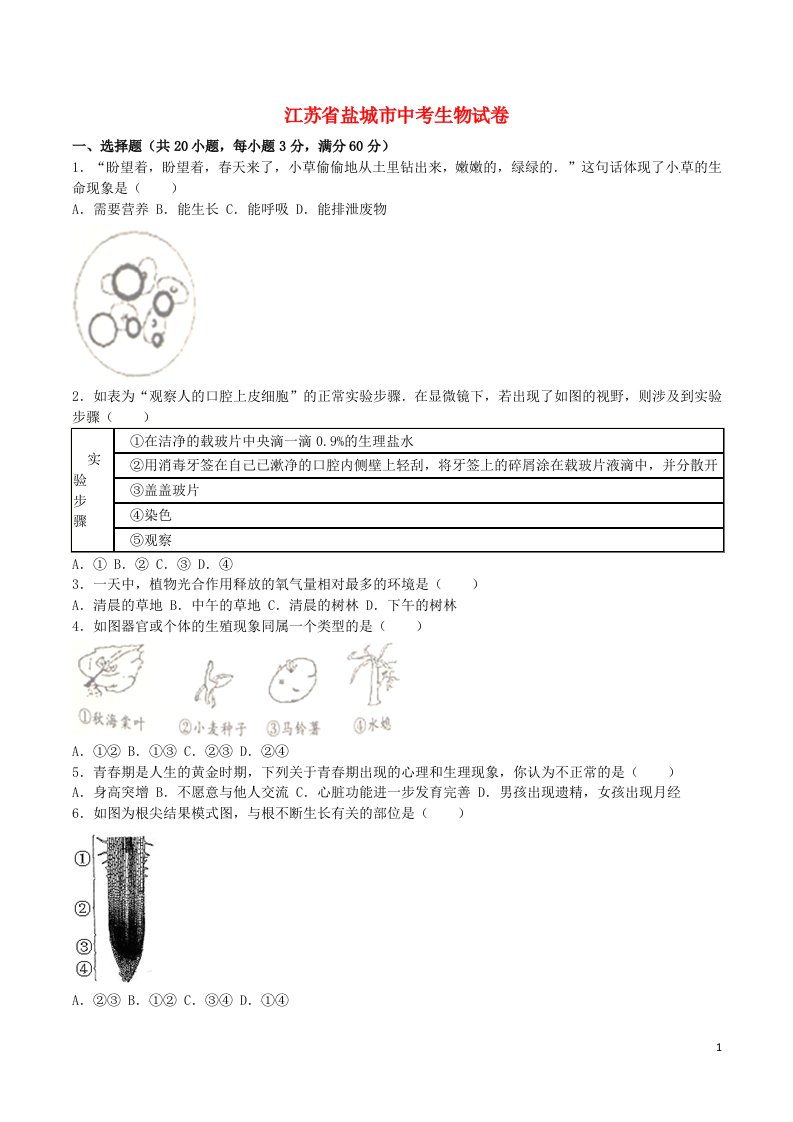 江苏省盐城市中考生物真题试题（含解析）