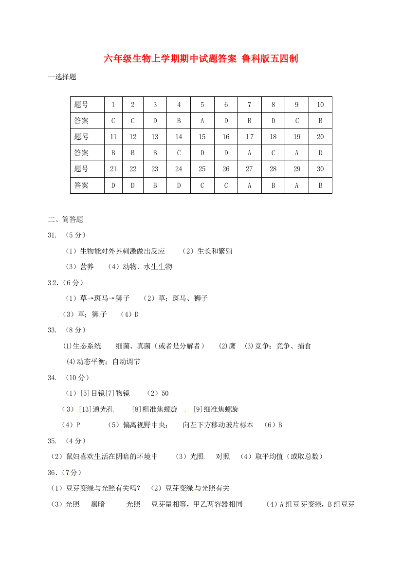 六年级生物上学期期中试题答案-鲁科版五四制.doc