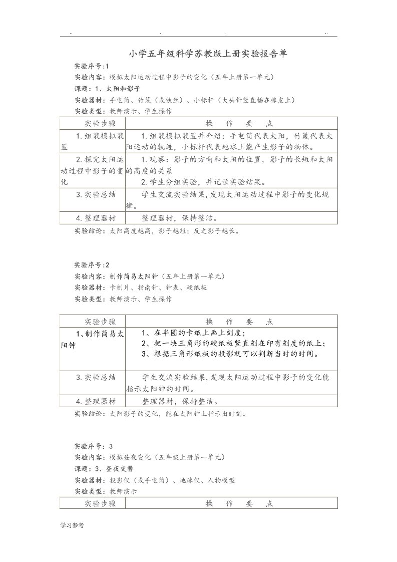 小学五年级科学苏教版上册实验报告单