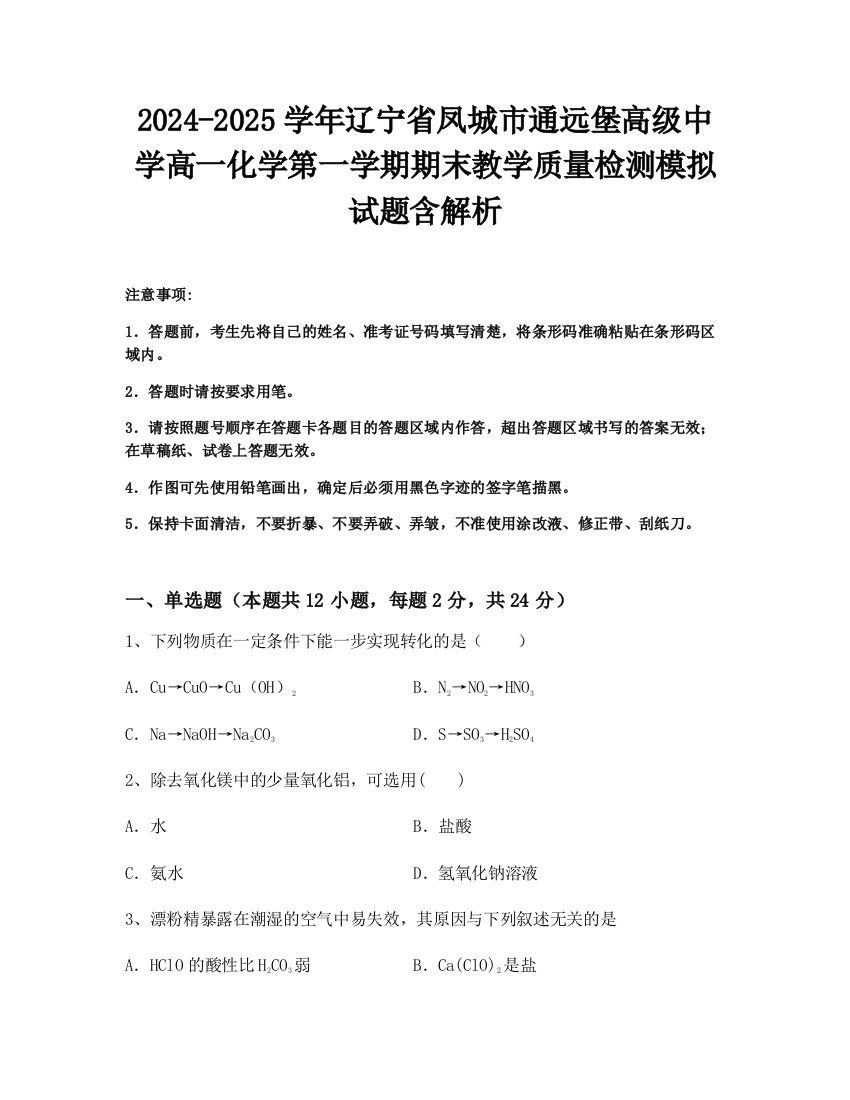 2024-2025学年辽宁省凤城市通远堡高级中学高一化学第一学期期末教学质量检测模拟试题含解析