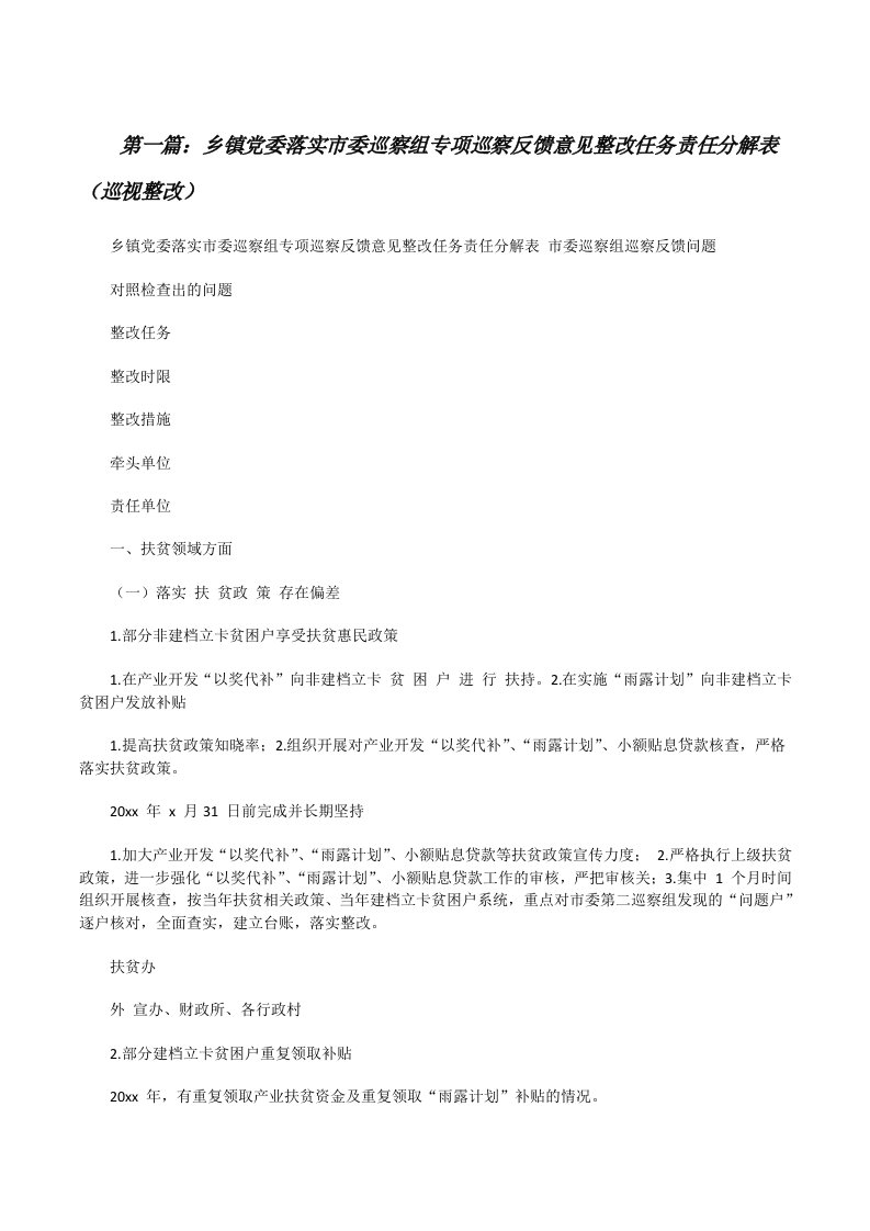 乡镇党委落实市委巡察组专项巡察反馈意见整改任务责任分解表（巡视整改）5篇范文[修改版]