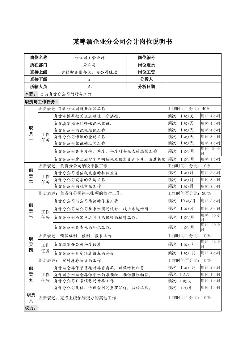 某啤酒企业营销分公司会计岗位说明书