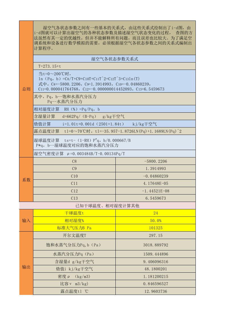 湿空气参数计算表(内含公式)