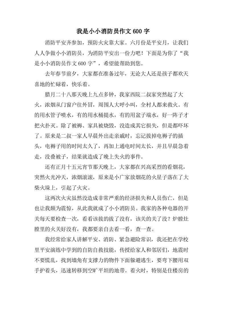 我是小小消防员作文600字