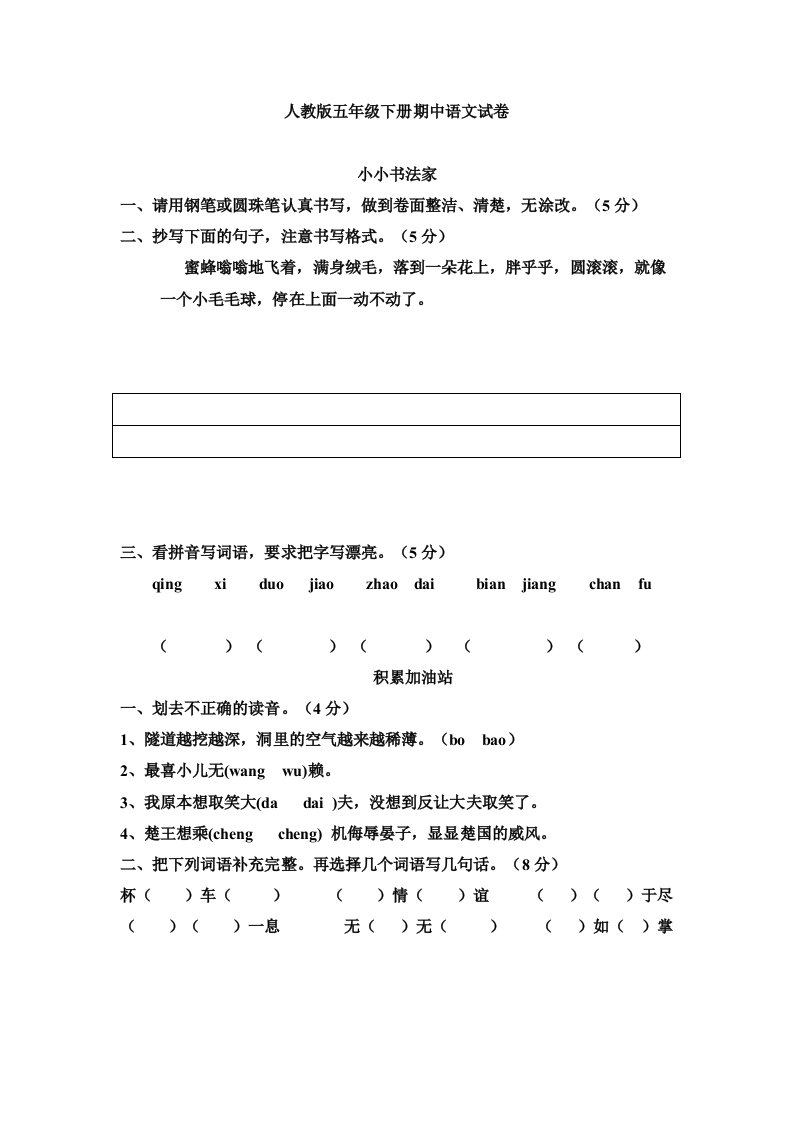 人教版五年级下册期中语文试卷