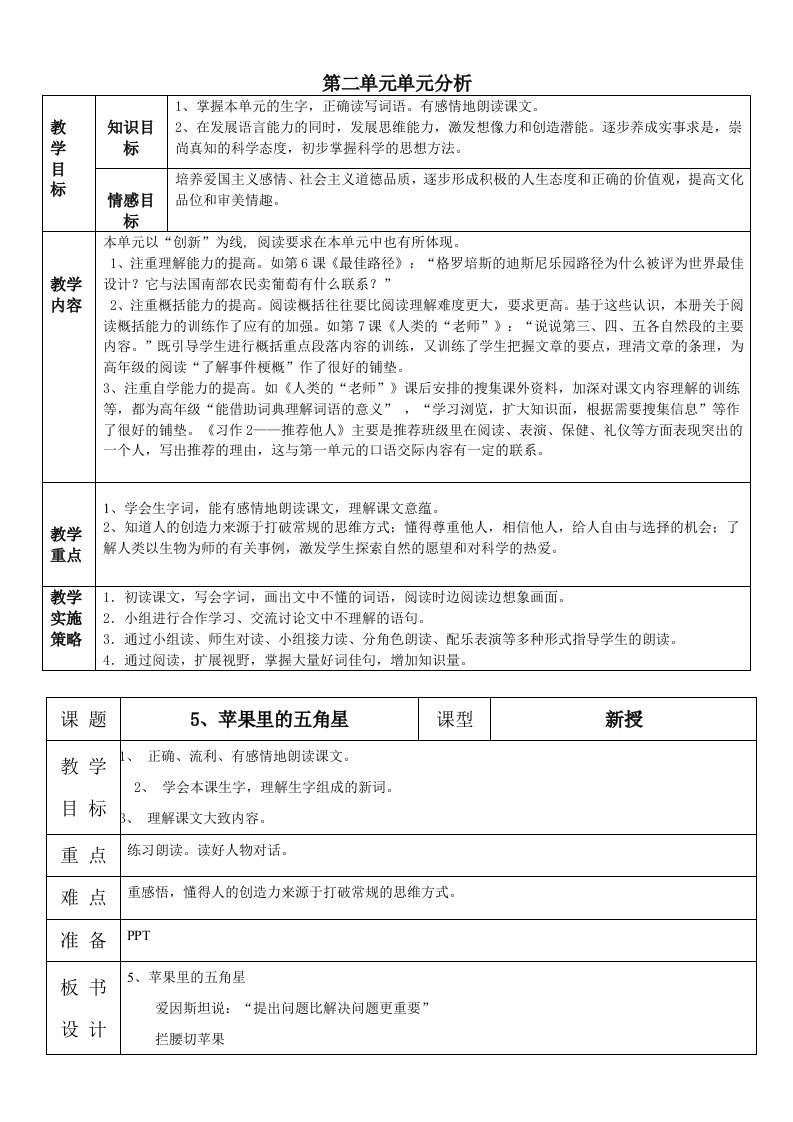 苏教版语文四下第二单元教案