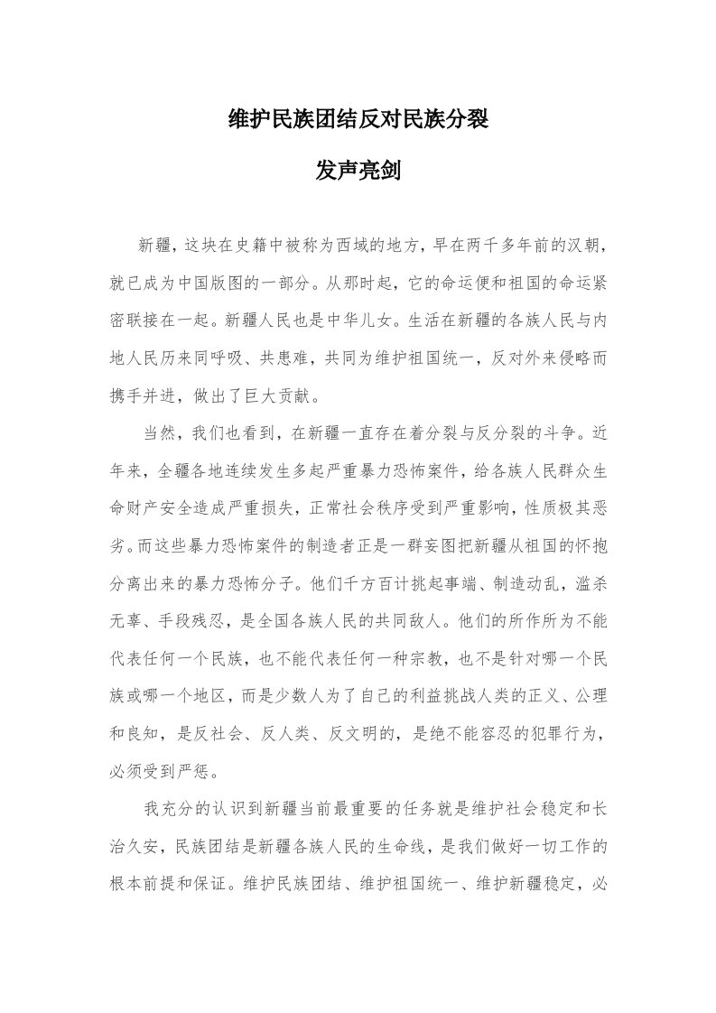 维护民族团结反对民族分裂发声亮剑