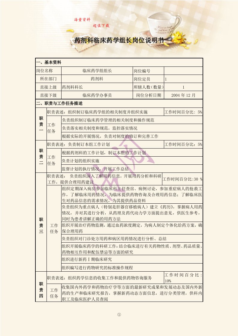 药剂科临床药学组长岗位说明书