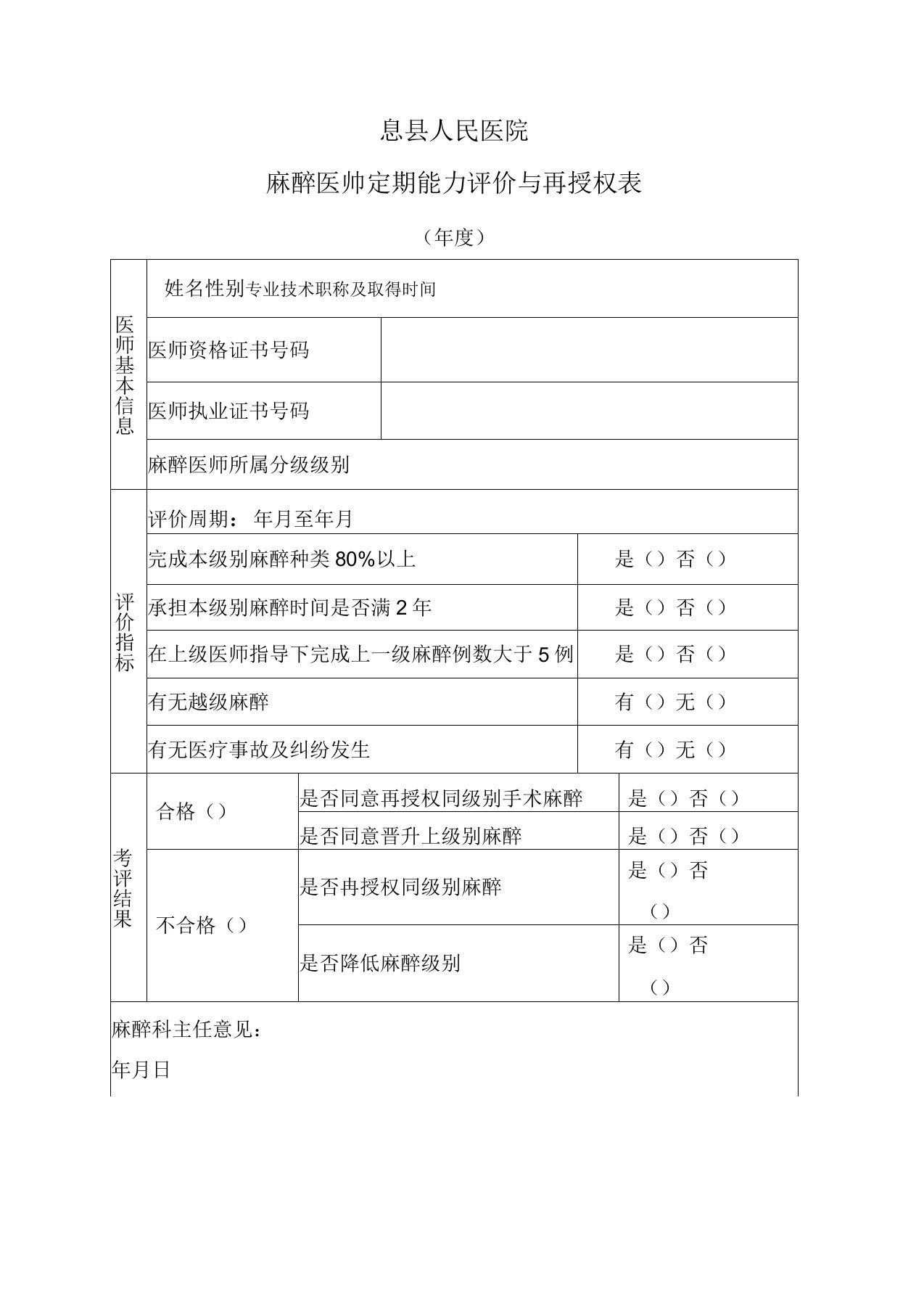 麻醉医师定期能力评价再授权表》、《麻醉资质授权申请表》