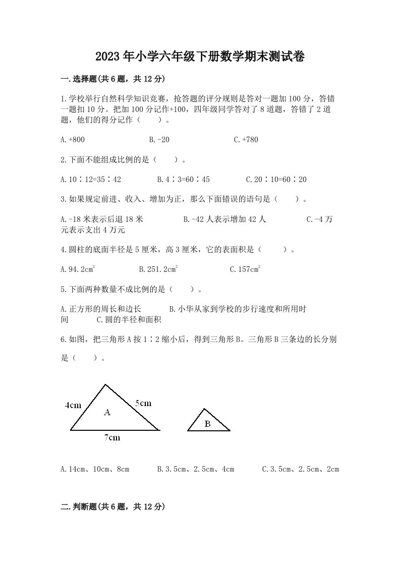 2023年小学六年级下册数学期末测试卷（全优）word版