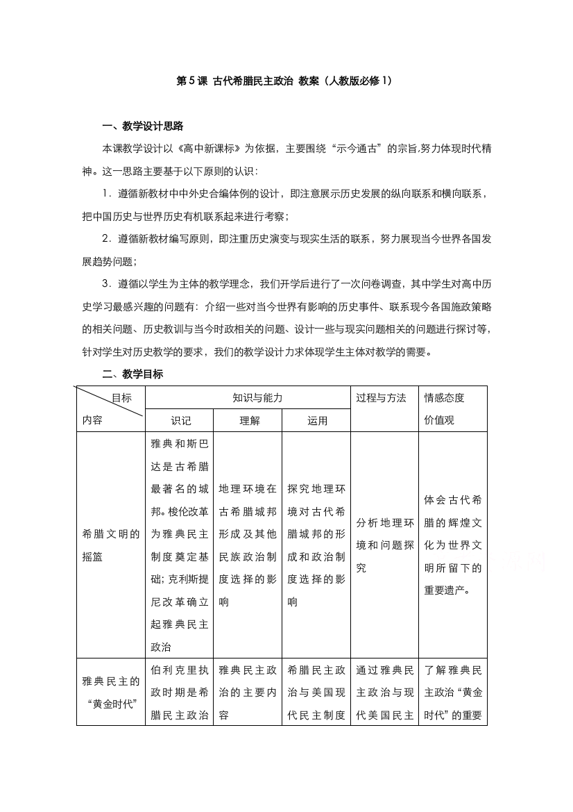 2021-2022学年高中历史人教版必修1教案：第二单元第5课古代希腊民主政治