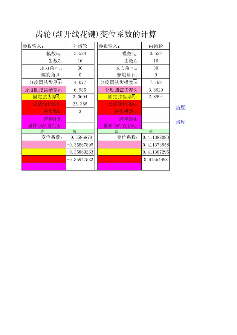 齿轮(渐开线花键)变位系数的计算