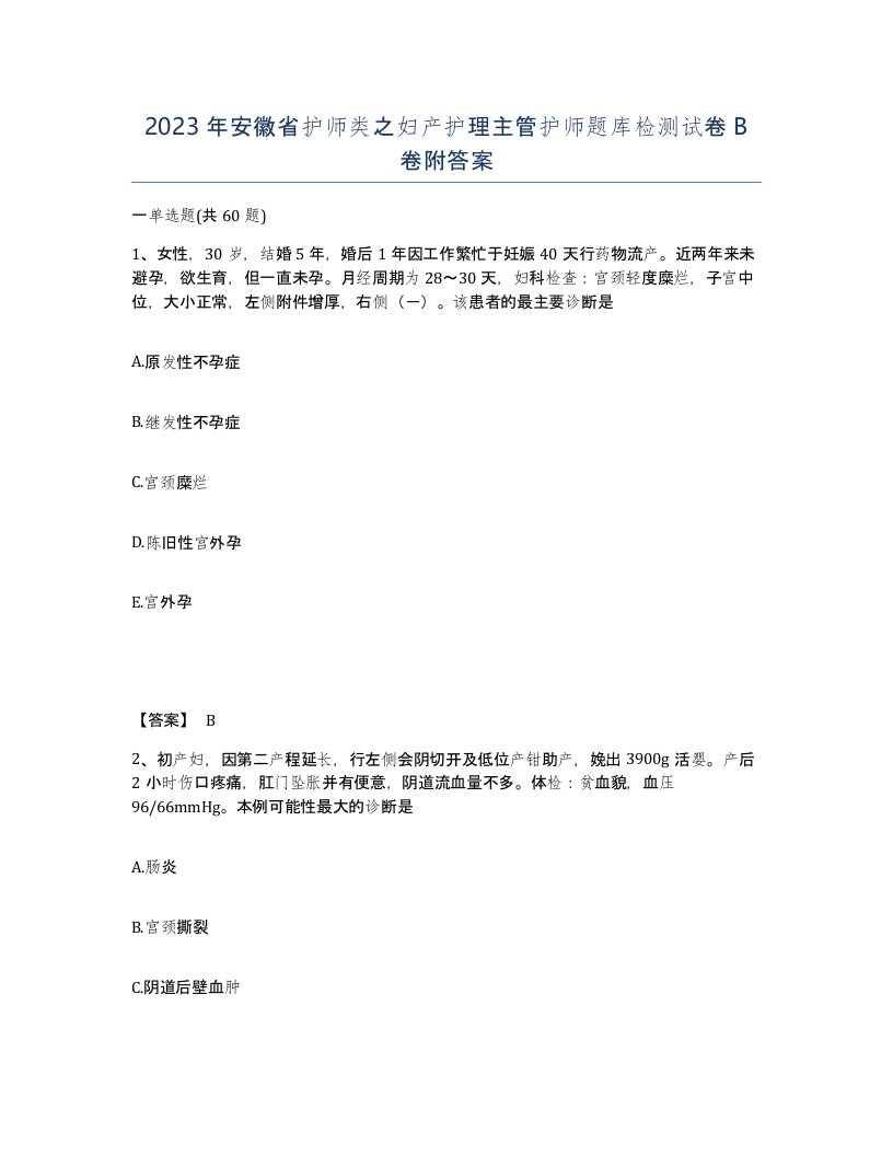 2023年安徽省护师类之妇产护理主管护师题库检测试卷B卷附答案