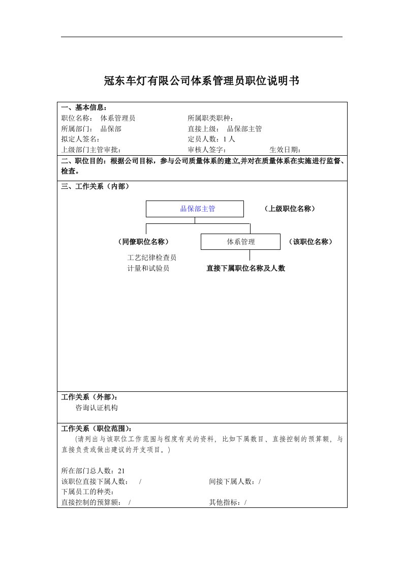 冠东车灯有限公司体系管理员职位说明书