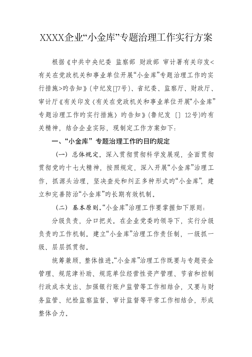 公司小金库专项治理工作实施方案