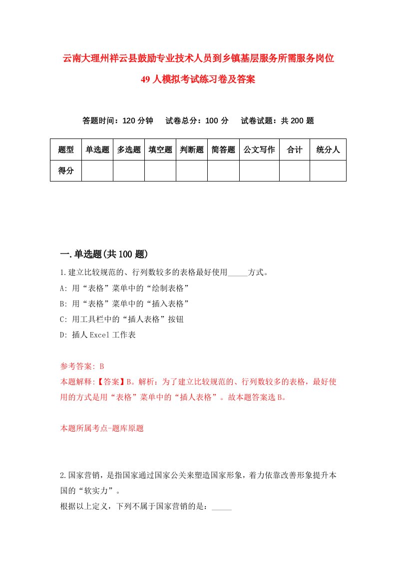 云南大理州祥云县鼓励专业技术人员到乡镇基层服务所需服务岗位49人模拟考试练习卷及答案1