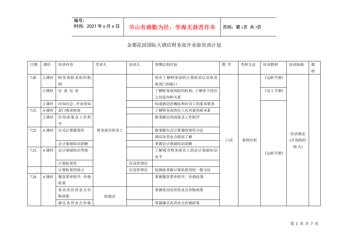 金都花园酒店财务部培训计划