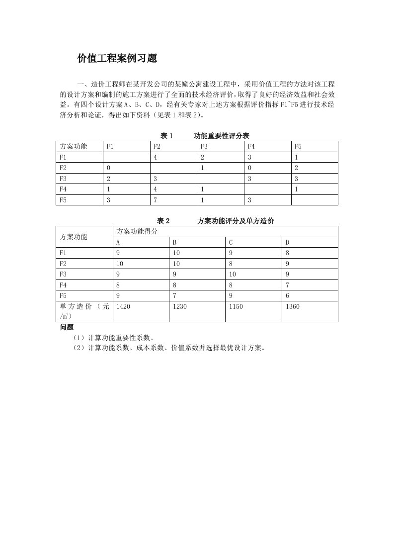 价值工程案例习题