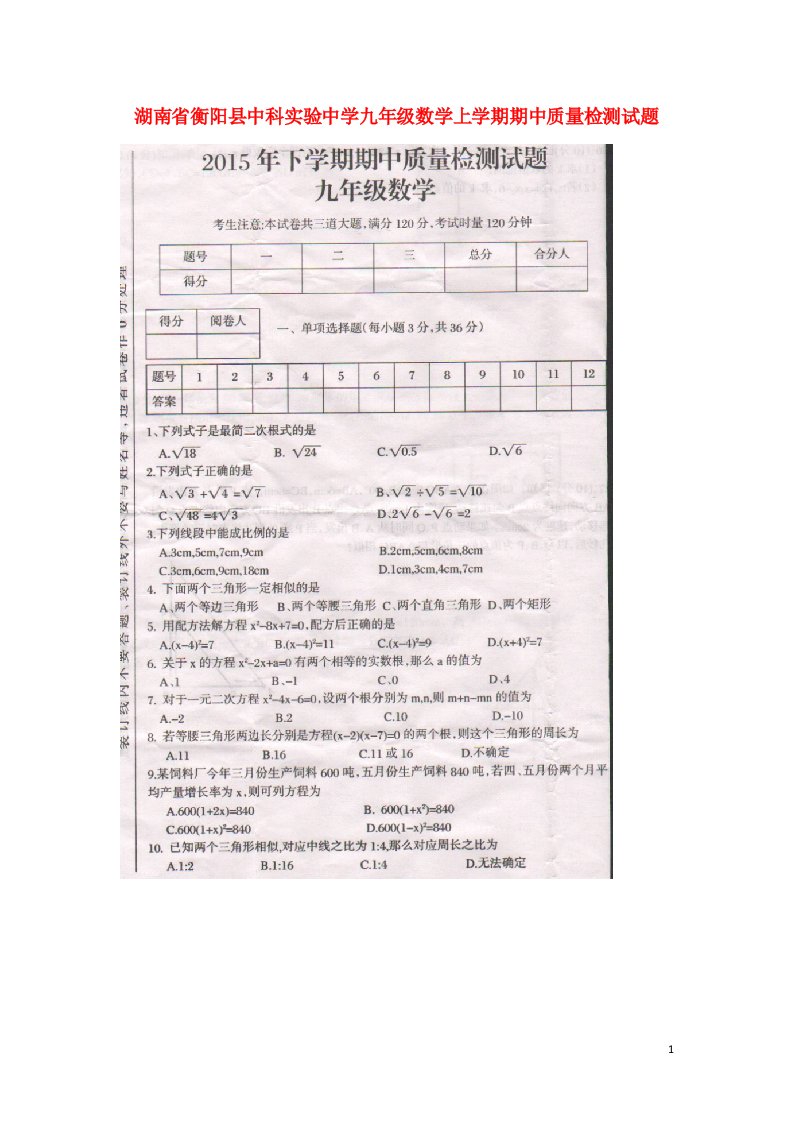 湖南省衡阳县中科实验中学九级数学上学期期中质量检测试题（扫描版）