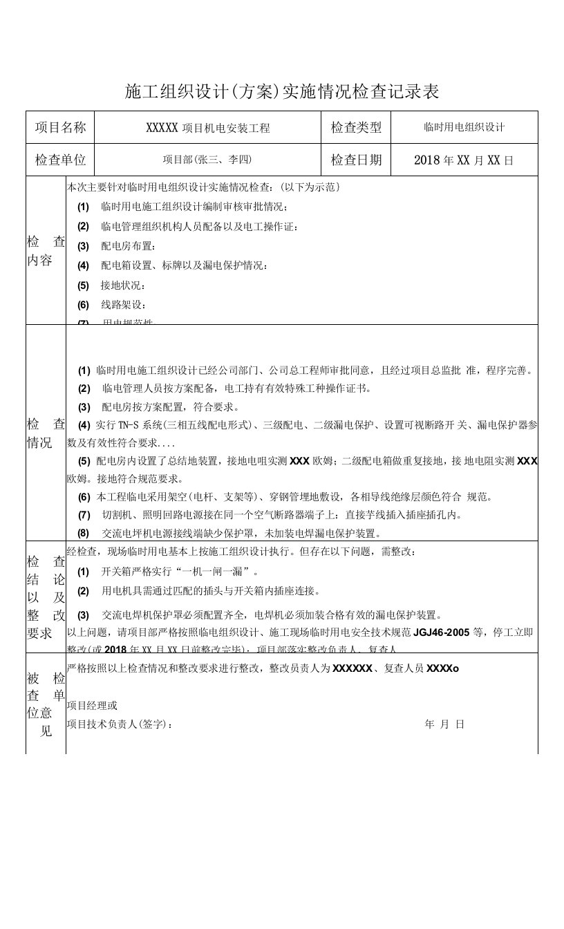 施组组织设计(方案)实施情况检查记录表(样表)