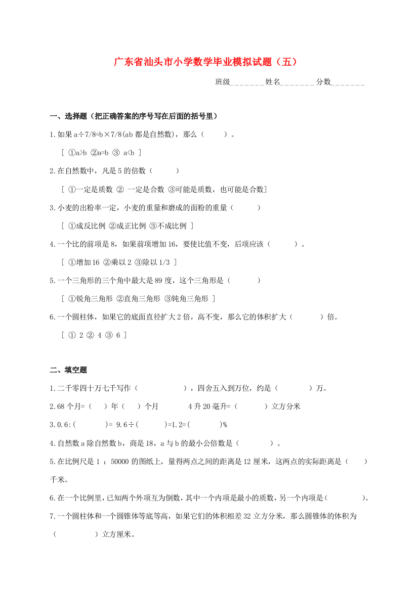 小学数学毕业模拟试题（五）（无答案）