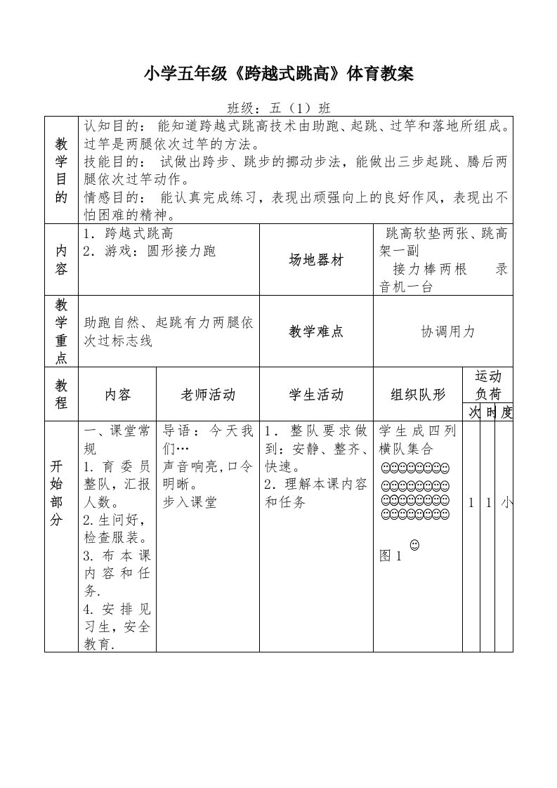 小学五年级《跨越式跳高》体育教案