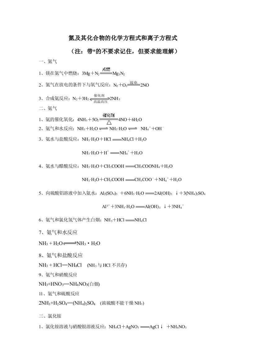 (完整版)氮及其化合物的化学方程式和离子方程式集锦