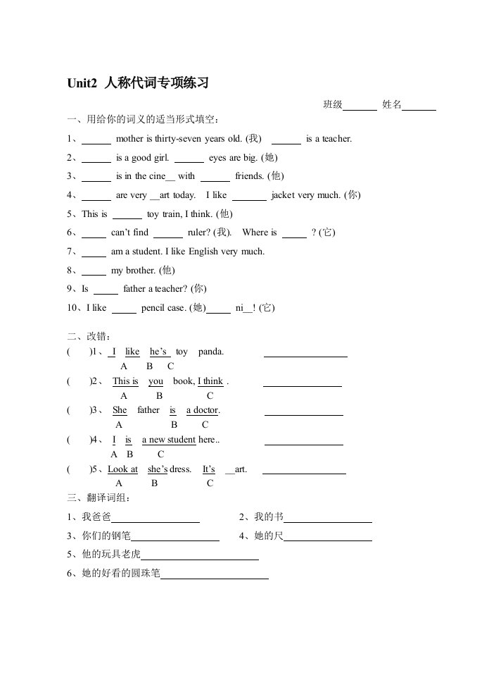 人称代词专项练习